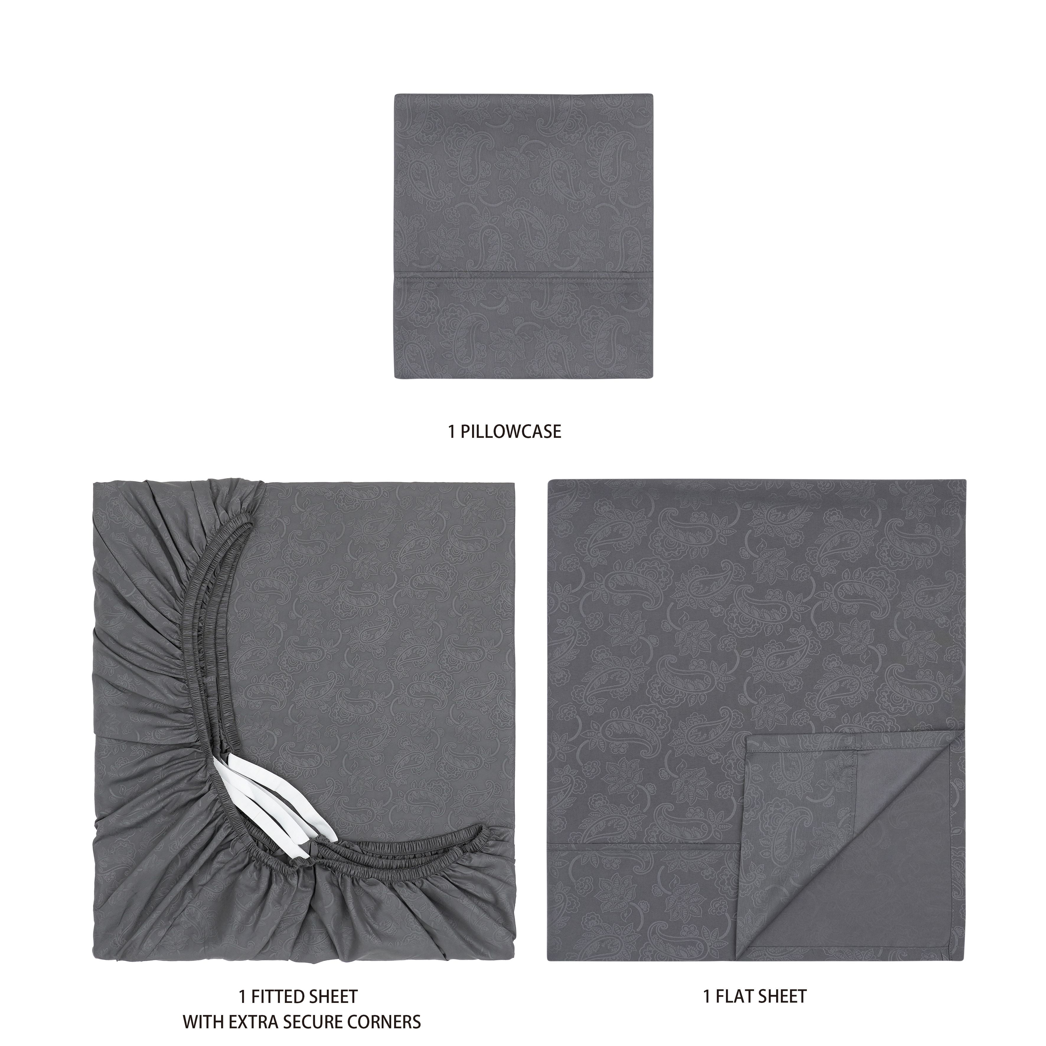 Mainstays Super Soft Brushed Microfiber Bed Sheet Set, Grey Embossed Hayden Paisley, Twin-XL, 3 Piece