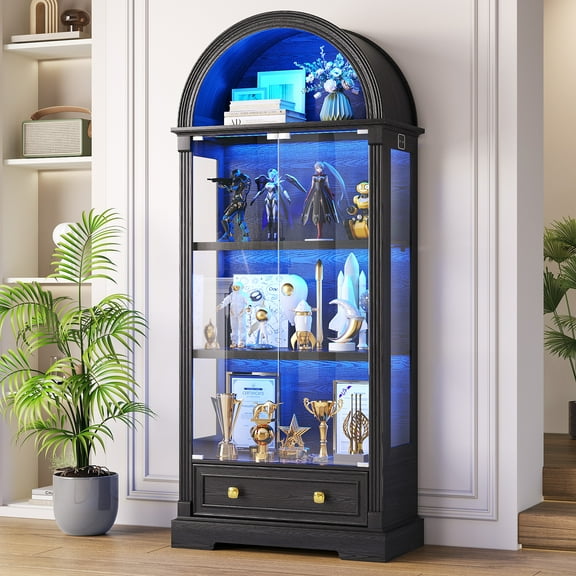 VKCC 72.8" Display Cabinet with Pop-Up Doors, LED Lights & Drawer, Arch Top Storage Showcase for Home Office, Black
