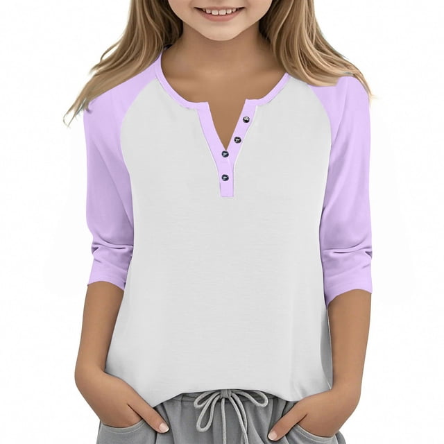 Cowsor Girl's Casual 3/4 Sleeve T Shirts Button V Neck Tunic Blouses Color Block Basic Tee Tops Loose Fit Summer Shirt