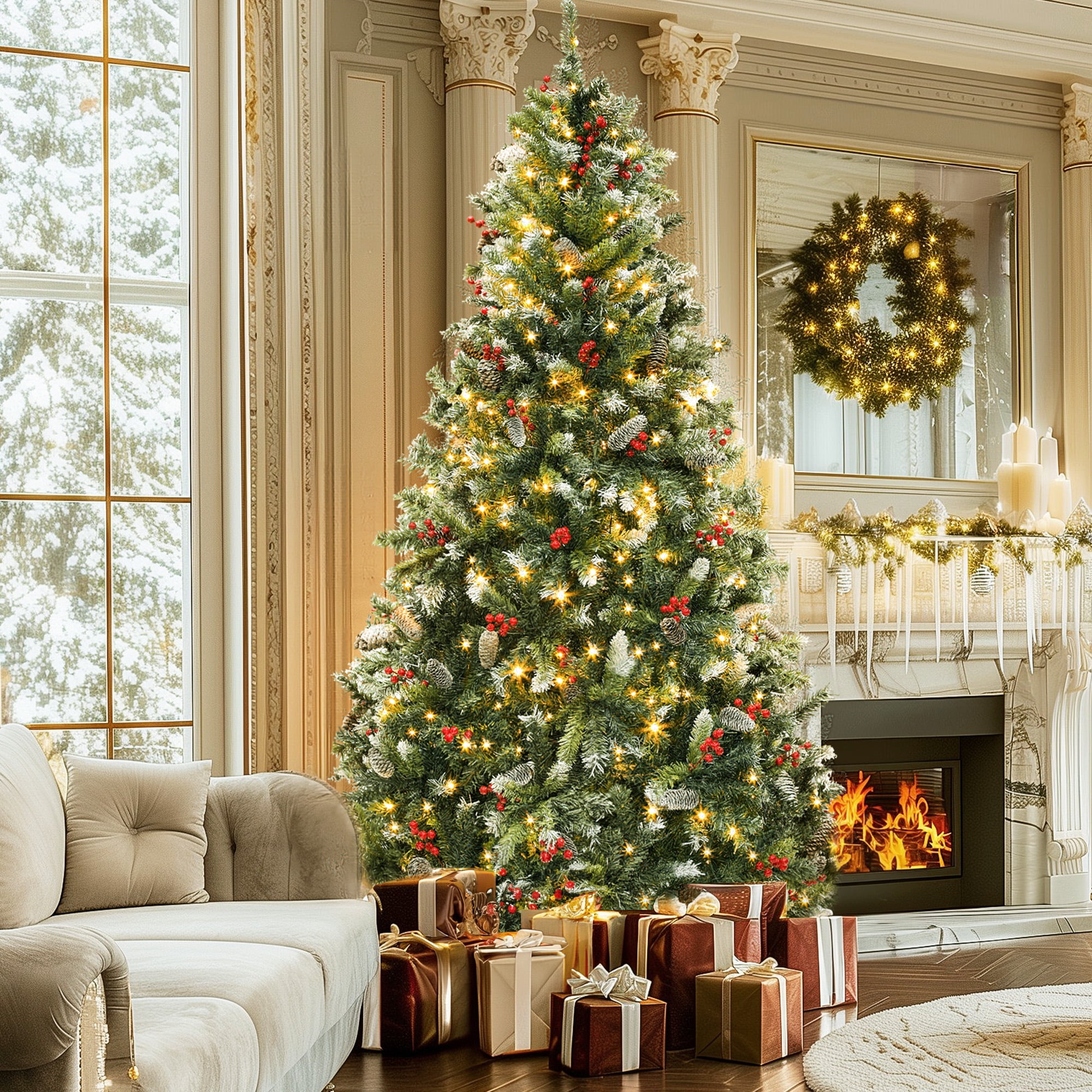 Uforic 6ft Pre-Lit Frosted Pine Christmas Tree with Pine Cones and Red Berries, 818 Branch Tips, 250 LED Lights