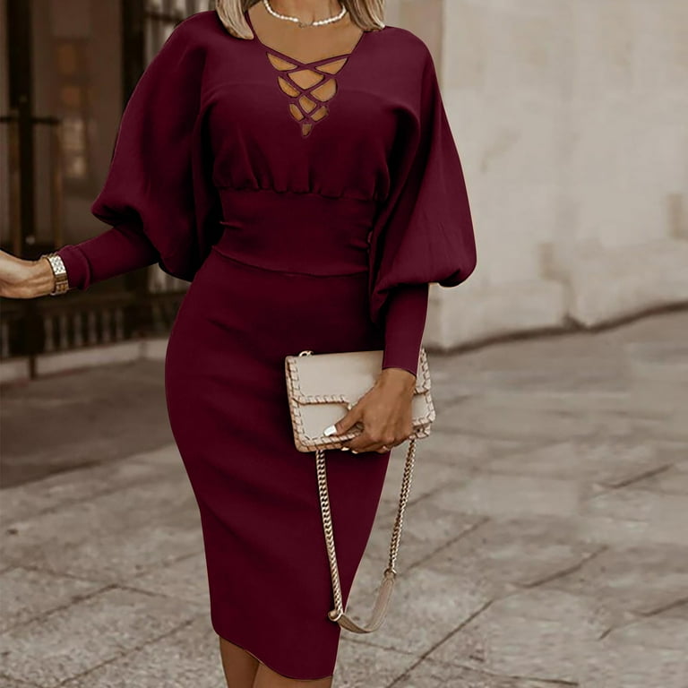 Rbaofujie Summer Dresses for Women Women Casual Slim Solid Color V-Neck  Long Sleeve Hollow Out Sexy Dress Long Dresses for Women Casual Wine Dress  - Walmart.com