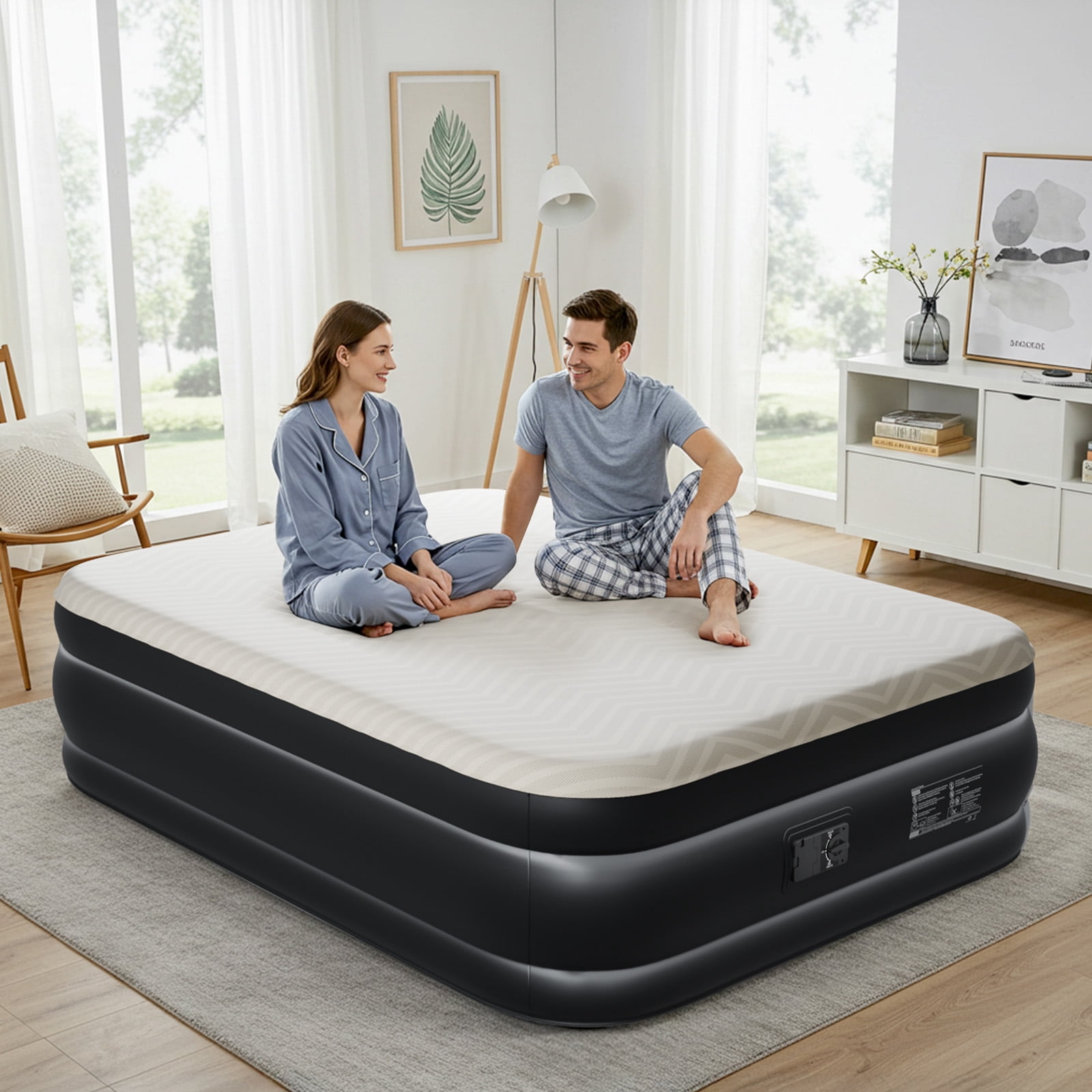 Ktaxon 18" Queen Air Mattress, Foam Flocking Airbed with Built-in Pump,Elevated Inflatable Bed for Home Cmaping & Guests, Beige & Black