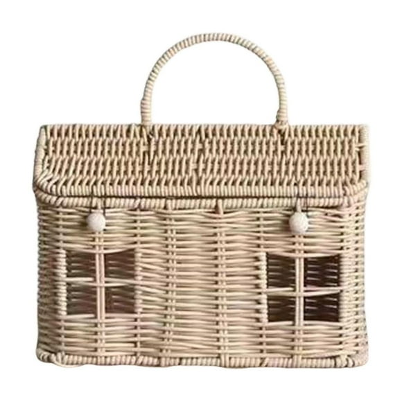 Woven Shelf Storage Rack with Covered Rattan Shape and Folding Handle for Home Organization Decorative Diy Organizer for Living Room Bedroom and Entertaining Spaces
