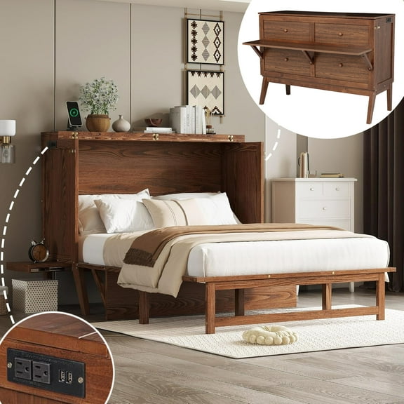 Full Murphy Bed with Storage Drawer and Charging Station, USB Port, Solid Pine Cabinet Bedframe with Removable Nightstand Shelves, Chest Bed for Guest Room, White