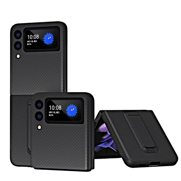 MonsDirect for 6.7 inch Samsung Galaxy Z Flip 3 5G Case 2021 Release, Carbon Fiber Bumper Protective Case with Kickstand, Slim Shockproof Snap-on Exact-Fit Hard Back Cover for Galaxy Z Flip 3, Black