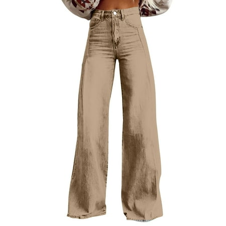 Prdecexlu Women Flare Jeans with Buttons High Waisted Trendy Wide Leg Casual Denim Pants Vintage Solid Color Stretch Baggy Trousers with Pockets Khaki 2XL