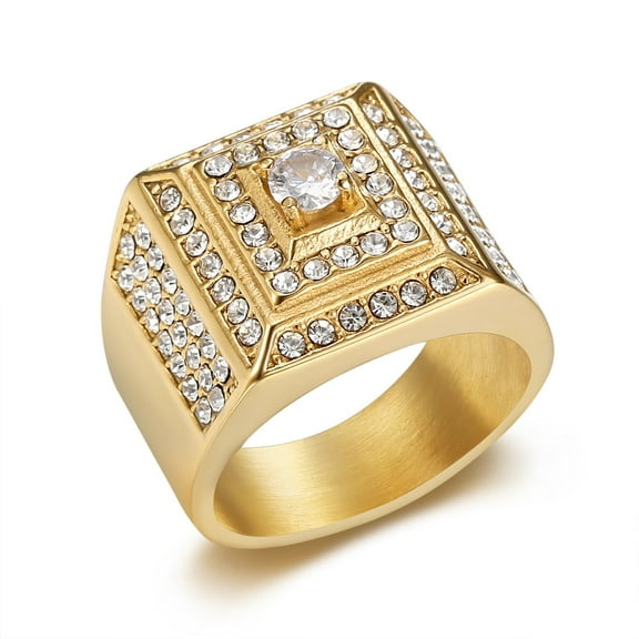 Hip Hop Bling Iced Out 14K Yellow Gold Geometric Square Finger Rings for Men Rapper Jewelry Golden Silver Color