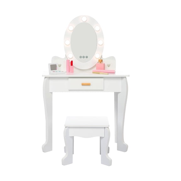 Luku Kids Vanity Set with Mirror,Kids Vanity Table and Chair Set Girls' Makeup Dressing Table with Lights & Wood Makeup Playset for Age 4-9 Years