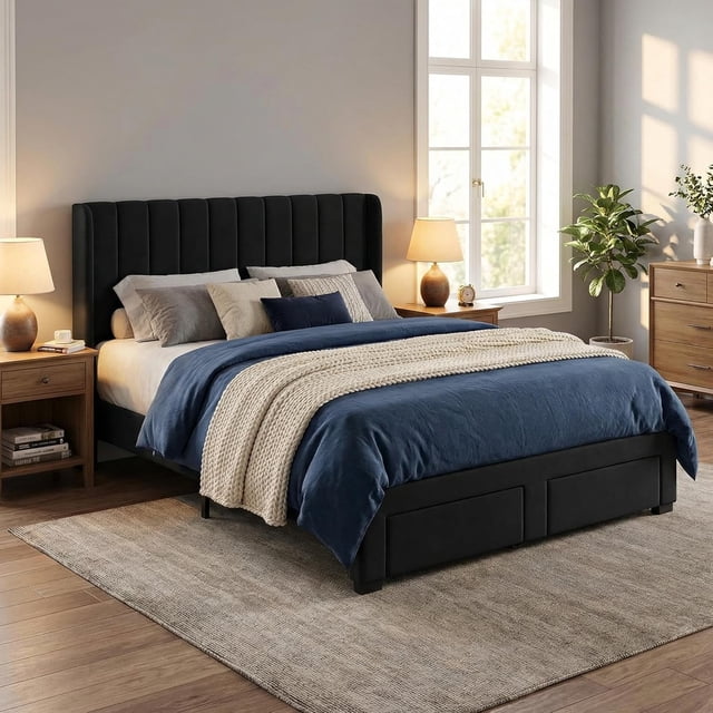 Upholstered Bed Frame with Storage Drawer, Heavy-Duty Steel Framework & Wooden Slats, Tufted Headboard, No Box Spring Needed