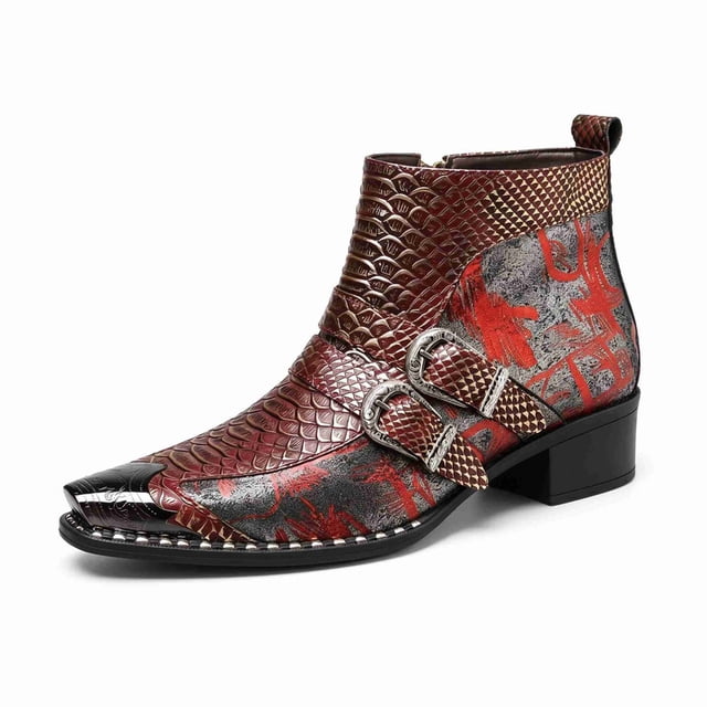 Men's Python Print Double Buckle Chelsea Boots - Vintage Pointed Toe Ankle Boots with Side Zipper, Comfortable Low Heel