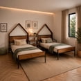 thumbnail image 1 of UTILIA Literas Individuales 2 Camas Separables Marrón 194cm, Diseño Casita, Guardarrail de Seguridad, Sin Box Spring, 1 of 7