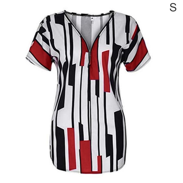 Sonducket Camiseta de mujer con cuello en V y rayas en la parte de manga corta con cremallera blusa delgada Prendas para la parte del cuerpo Rojo S