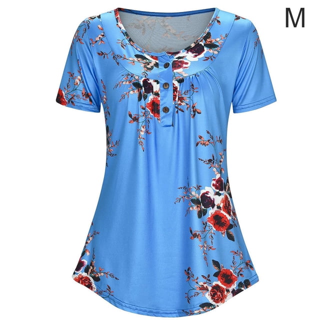 T-shirt Imprimé Femmes Été Col Rond Top Manches Courtes Femmes Chemisier en Vrac, Bleu, M