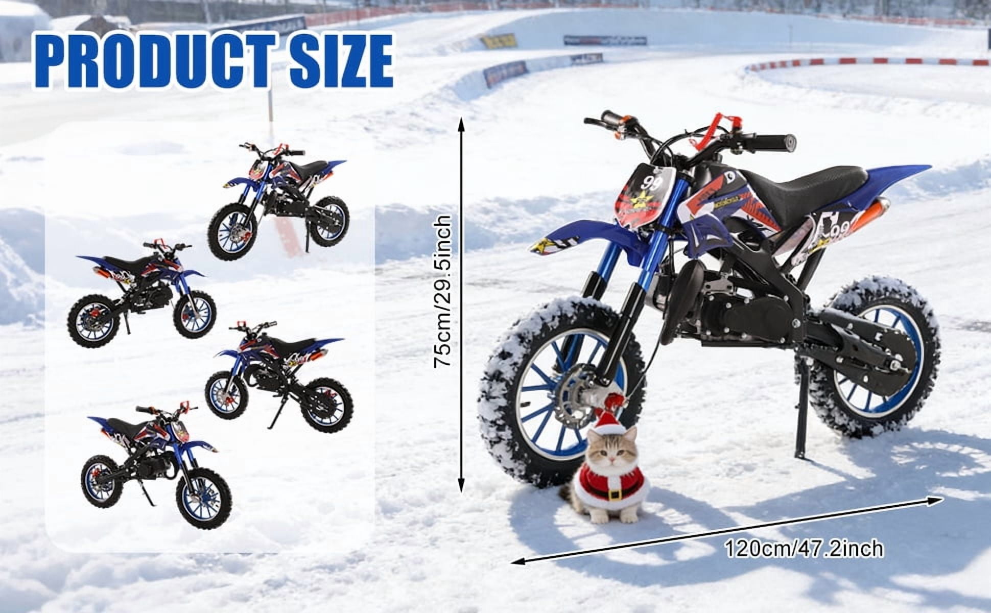 Korogimeeet Gas Powered Blue Mini Dirt Bike 49cc 2-Stroke, Hand-Pull Start, Inverted Hydraulic Suspension, 10 Inch Tires, 40KM/H Max Speed, 30 Min Range, 150kg, 47 x 30 Inch