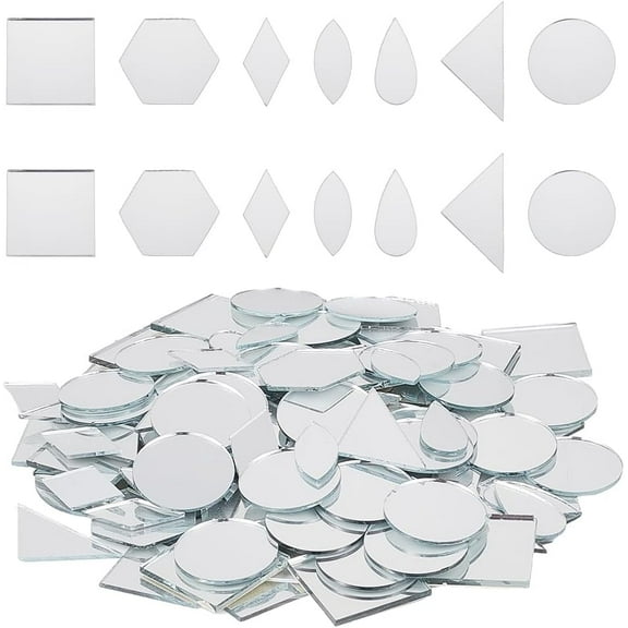 210Pcs 7 Shapes Glass Mirror Mosaic Tiles Square Mini Mosaic Mirrors Triangle Round Mirror Pieces for Crafts Teardrop DIY Craft Mirrors for Art Wall Door Home Decorations grey