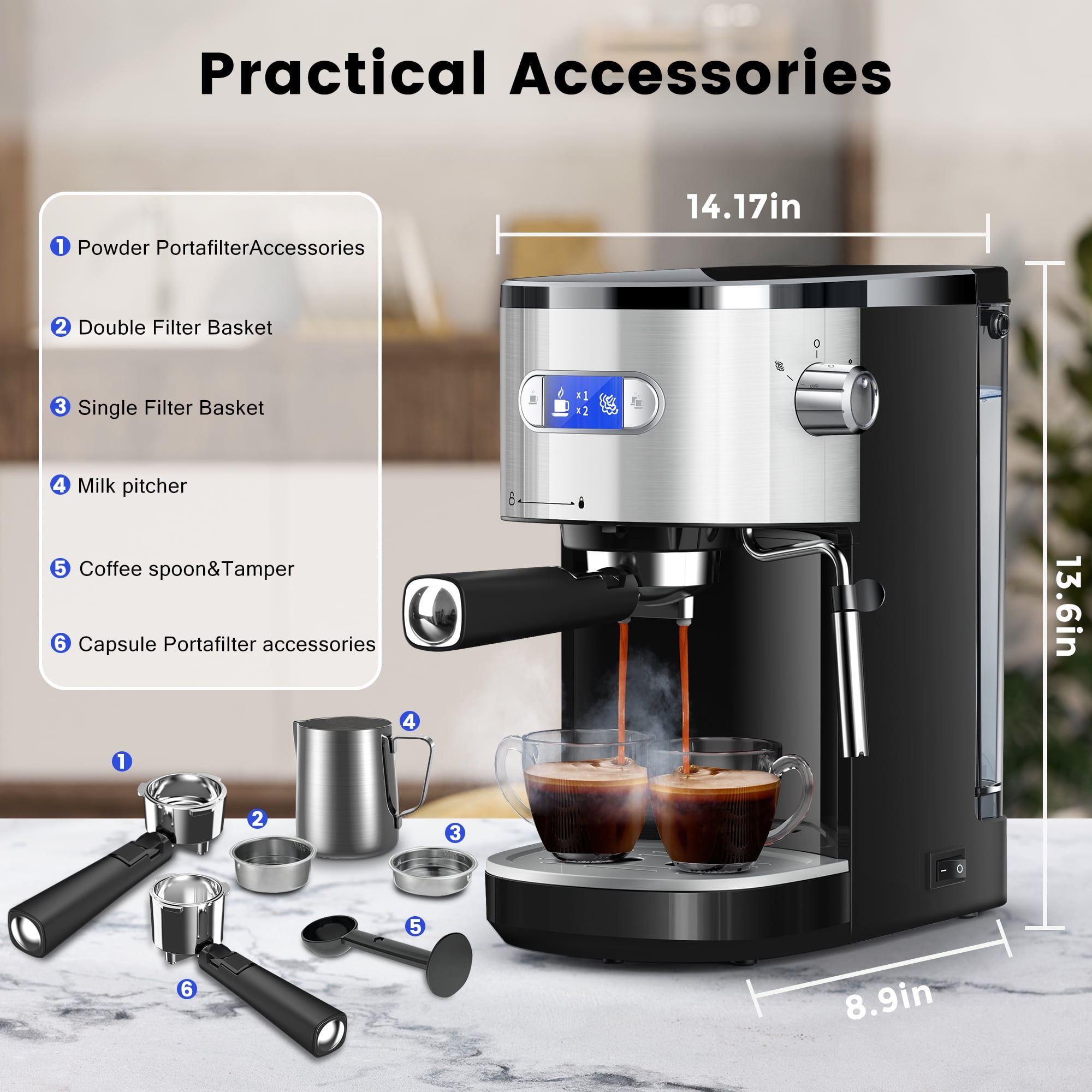 KNDKO 20 Bar Espresso Machine, Automatic Coffee Maker with Milk Frother Steam Wand for Espresso/Cappuccino/Latte/Mocha