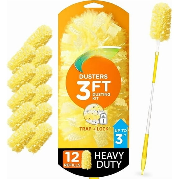 Heavy Duty Dusting Kit, Cleaning Supplies, 3 ft Extended Handle, 1 Duster, 12 Refills