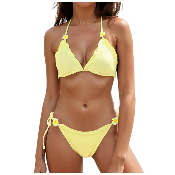 Zanarzt Womens Two Piece Bathing Suits Womens Bikini Sets Drawstring Swimsuits Tie Back Bathing Suit Yellow,M