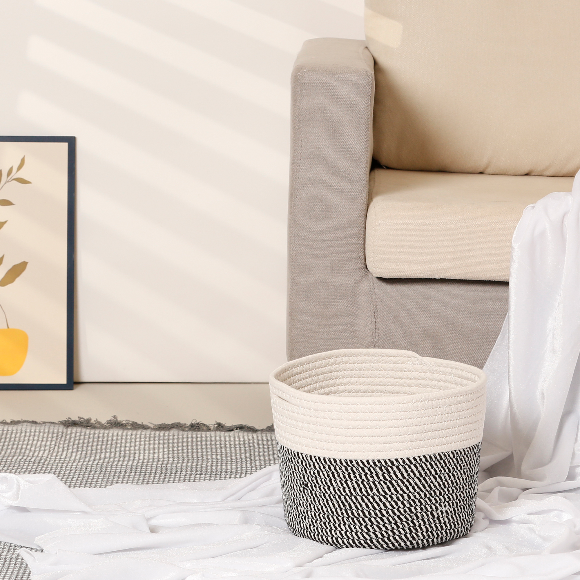 Unique Bargains Woven Storage Basket Bin with Handle for Clothes Home Decor White Black M