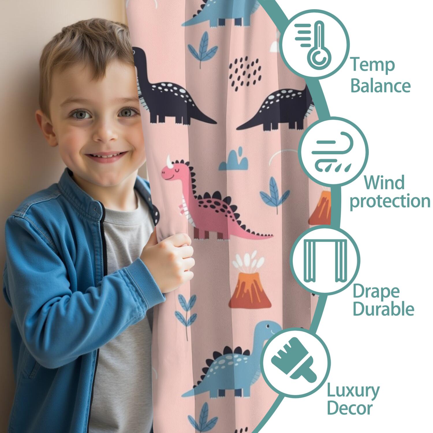 Blackout Kids Curtains,Pink Cartoon Dinosaurs Volcanoes Pattern Childrens Insulated Curtains Set Of 2,Bedroom Essentials,Toddler Room Decor 52"x84"