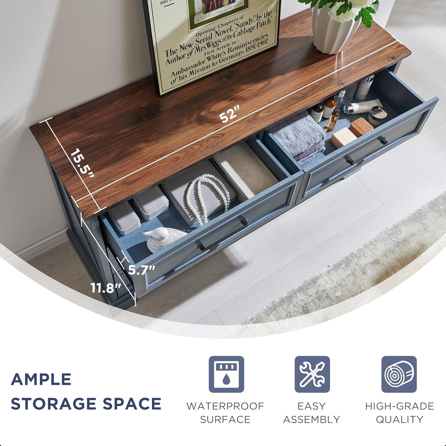 ACCOHOHO Farmhouse 6 Drawer Dresser, Rustic Wood Dresser Chest of Drawers for Bedroom，52'' Wide TV Stand with Large Drawers for Living Room， Blue