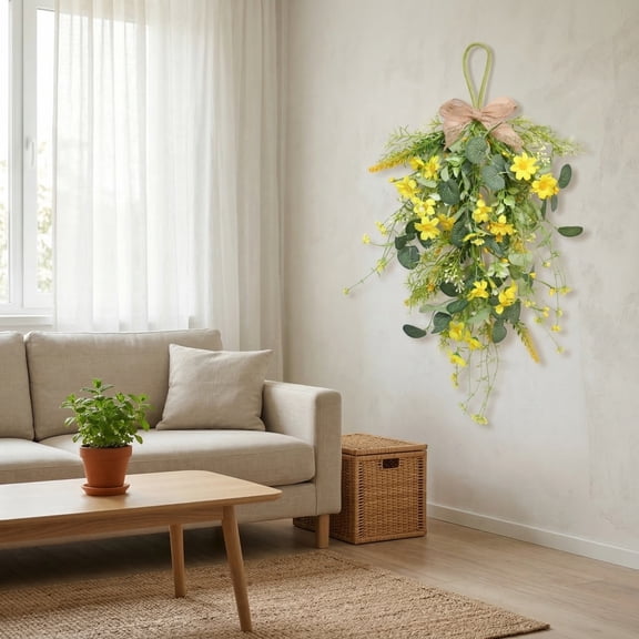 Spring Swag Wreath for Front Door, 19.68in Artificial Daisy Eucalyptus Inverted Tree Wall Hanging, No Assembly Required Seasonal Decor,A