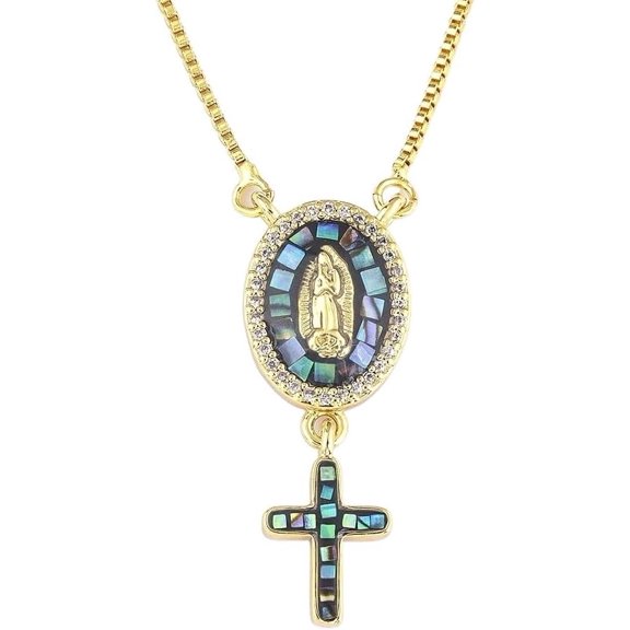 Saints Cross and Virgin Mary Scapular Necklace,Pearl Shell Scapular  Necklace for Women