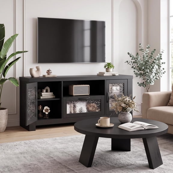 Farmhouse TV Stand and Inclined-Leg Coffee Table Set, 58-Inch Entertainment Center for TVs up to 65 Inches, Black