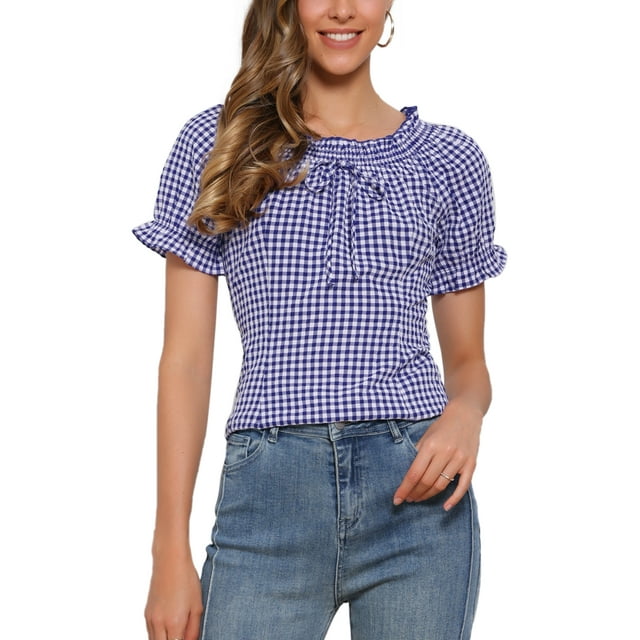 BLUSA DE GINGHAM A CUADROS INSPIRADORA PARA MUJER CON CUELLO REDONDO, VOLANTES Y MANGAS PUFF TAMAÑO M AZUL OSCURO