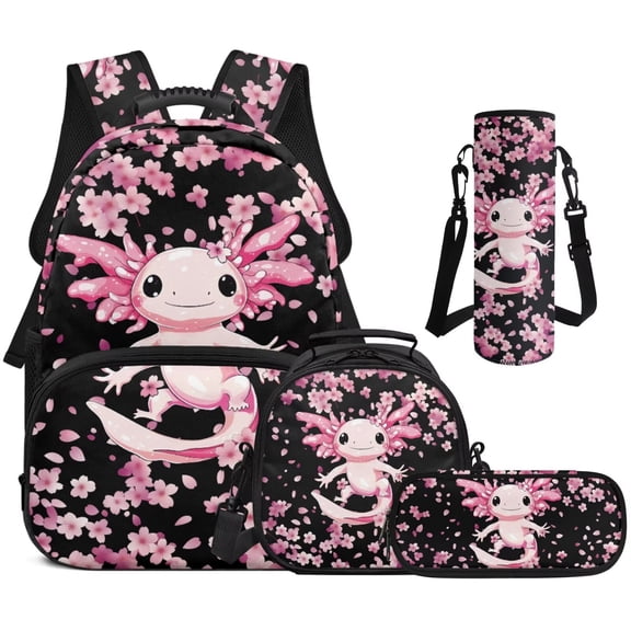 Pzuqiu Cherry Blossom Axolotl Backpacks for Kids Backpack with Lunch Box Pencil Case Water Bottle Bag,4 Pcs Large Travel Back Pack Casual Daypack Backpacks for Kids 8-12