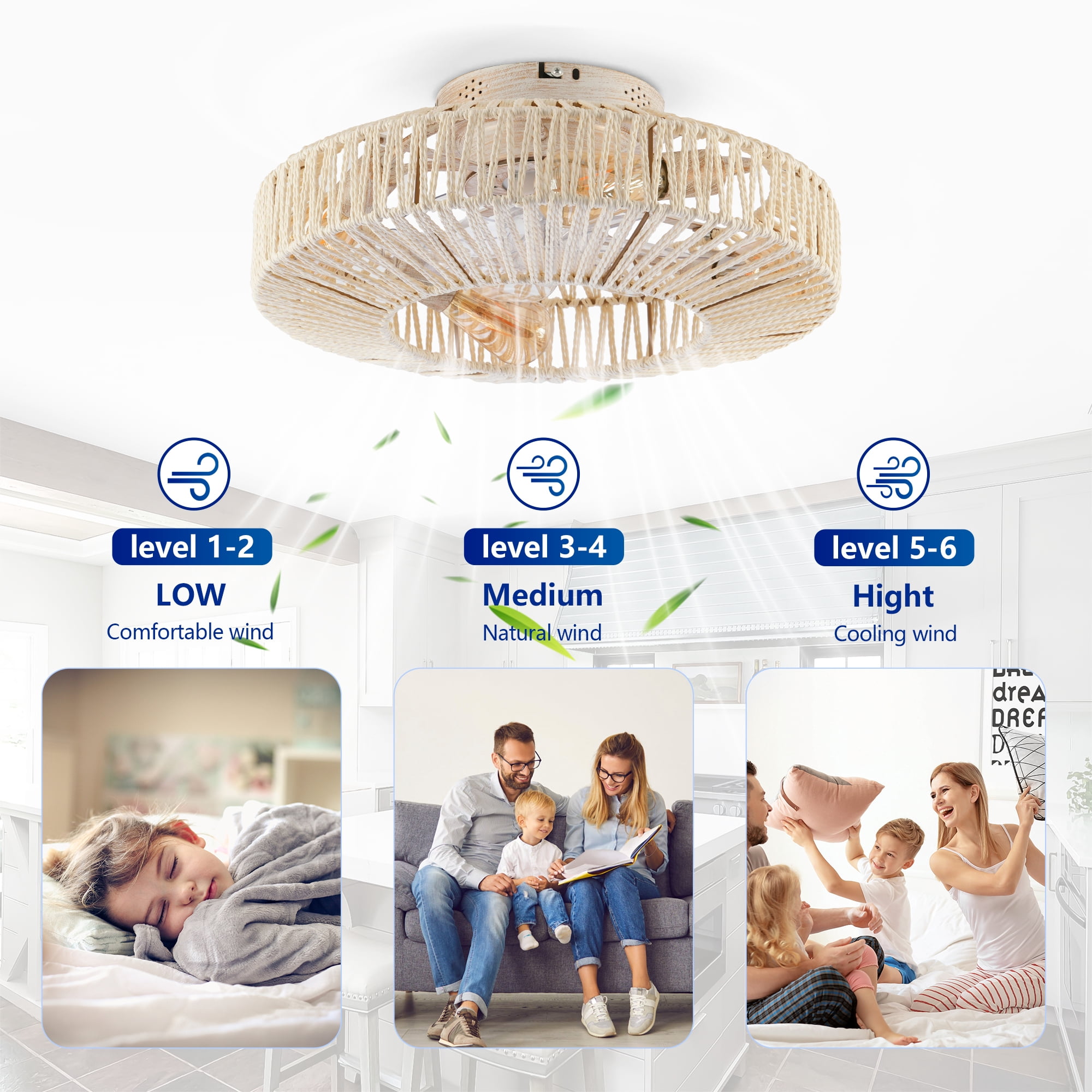 Leumius 20" Rope Caged Ceiling Fans with Light and Remote, Low Profile Chandelier 6 Speed DC Motor Reversible Ceiling Fan for Living Room Bedroom Matte White (NOT Included Bulbs)