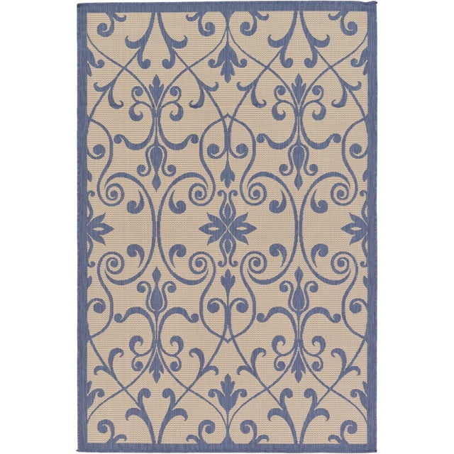 Unique Loom Botanical Collection Traditional Border Transitional Indoor and Outdoor Flatweave Area Rug, 5 Feet 3 Inch x 8 Feet, Blue/Beige