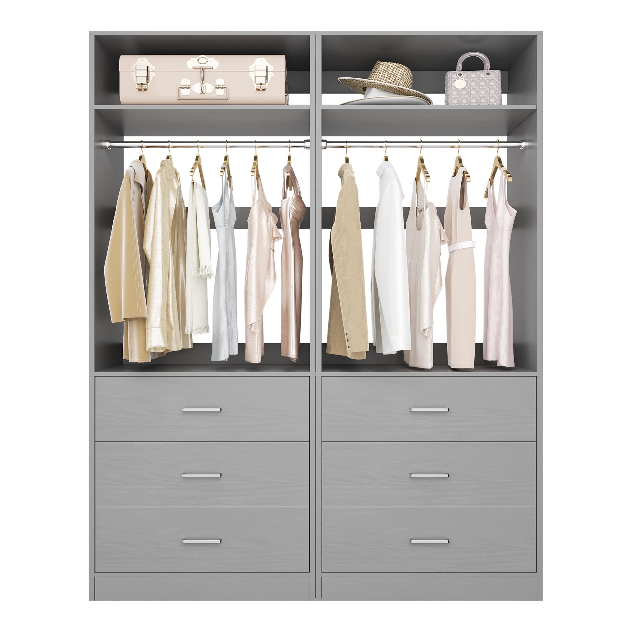 Homieasy 4FT (48 Inch) Closet Organizer System,Set of 2 - 6 Wood Drawers, 2 Hanging Rods & 2 Shelves, Heavy Duty Walk-in Closet Storage,Gray