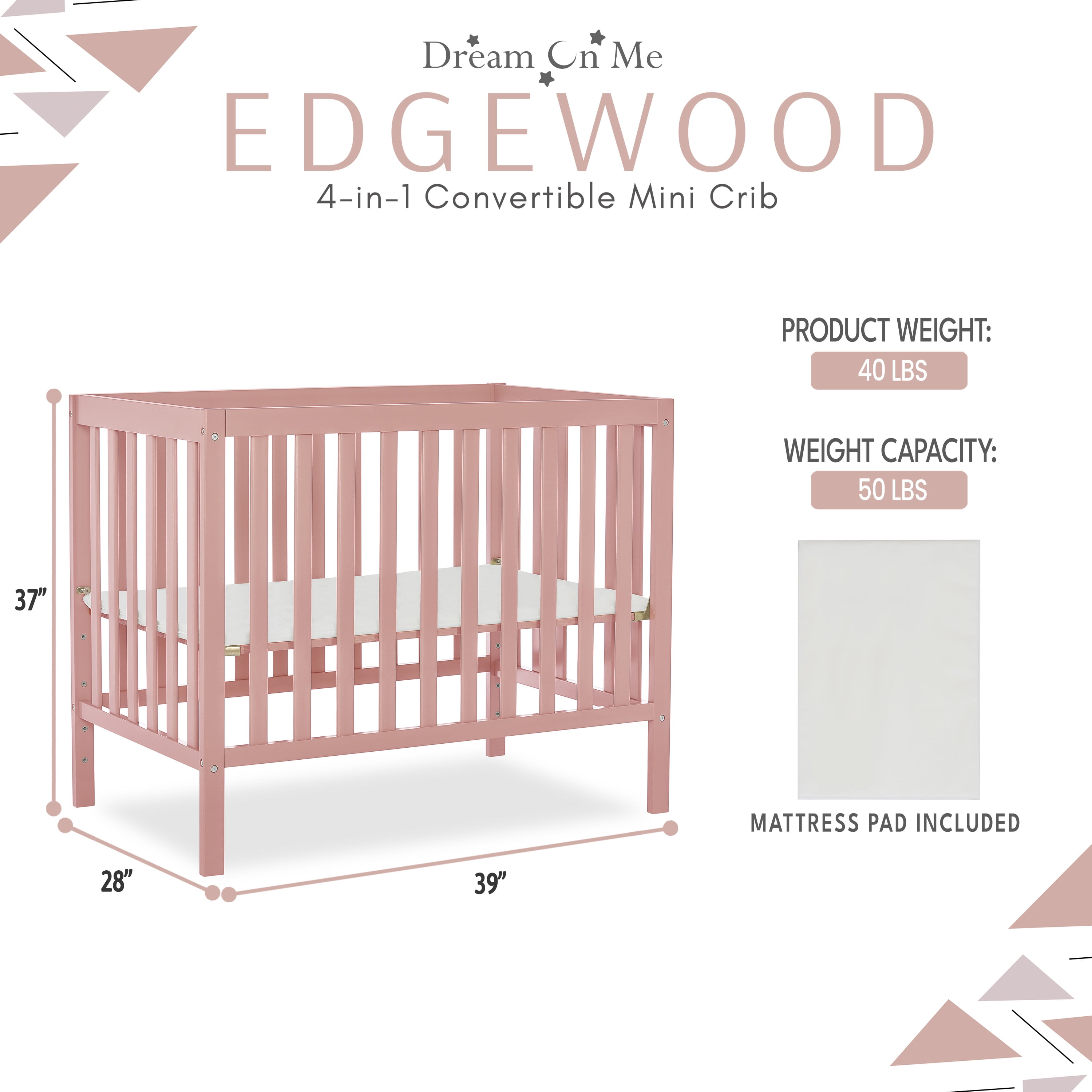 Dream On Me Edgewood 4 in 1 Convertible Mini Crib in Pink