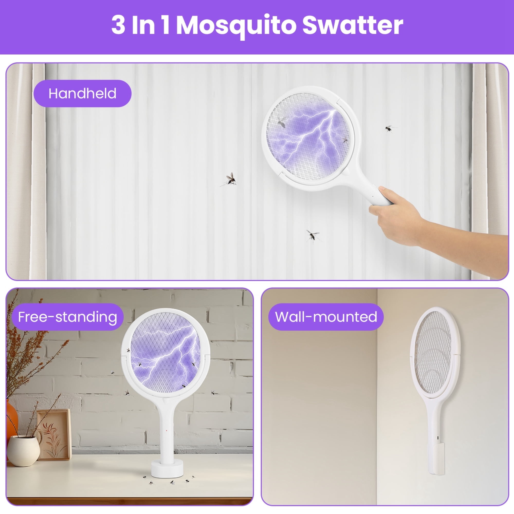 3-in-1 Electric Bug Zapper Racket with Telescopic Extension - Indoor and Outdoor Mosquito Swatter