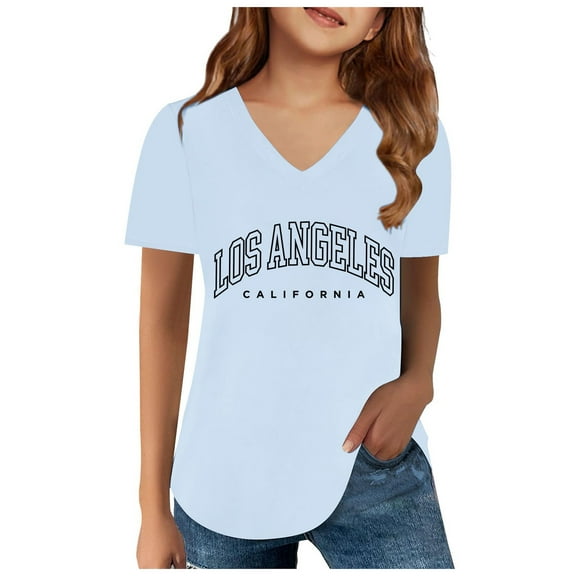 Girls Toddler Graphic T Shirts Letter Print Los Angeles V Neck Summer Casual Short Sleeve Shirts Crewneck Preppy Cute Top ,Blue,110(3-4 Years)