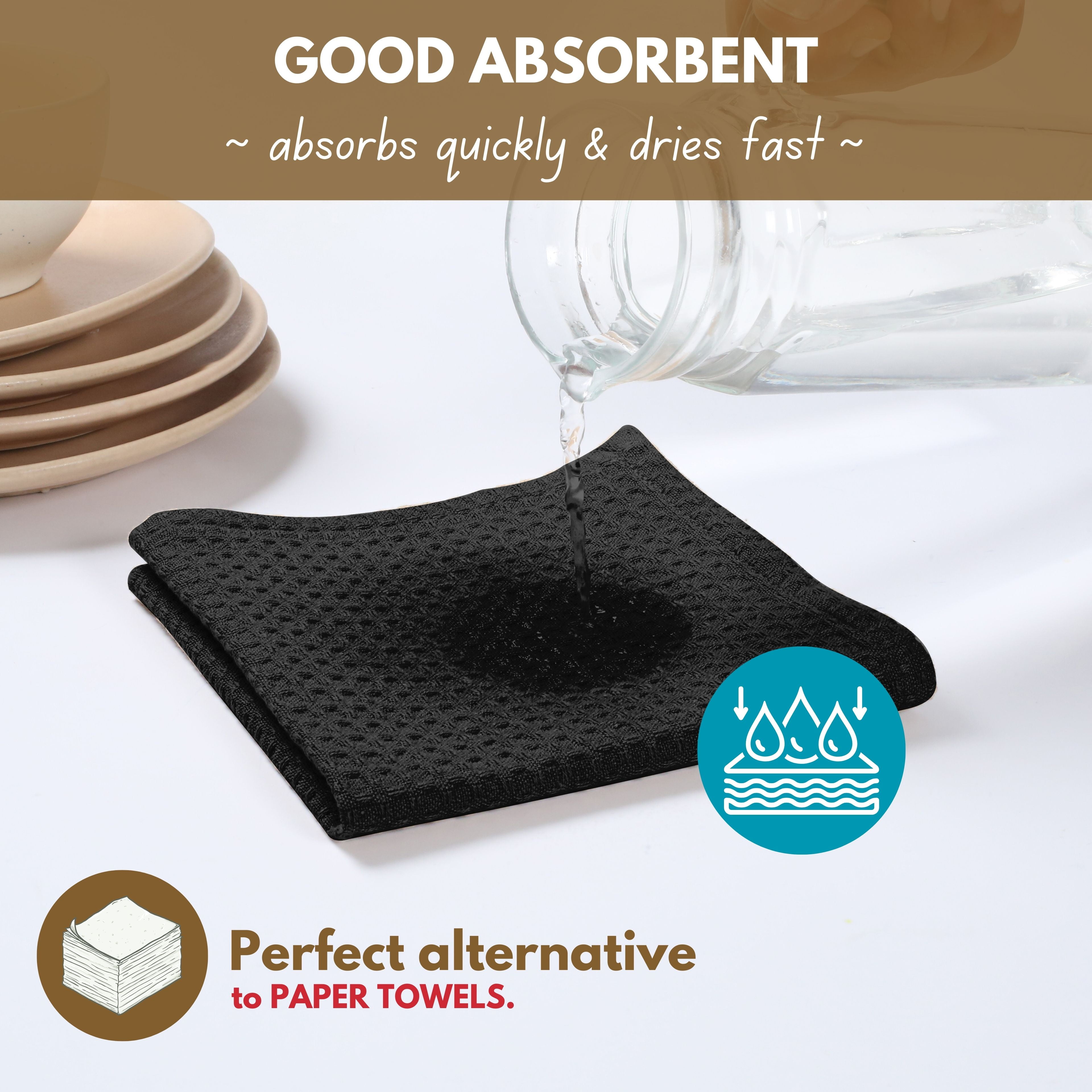 Native Fab Set of 12 Cotton Waffle Kitchen Tea Towels - Absorbent Quick Dry Dish Cloths - Black