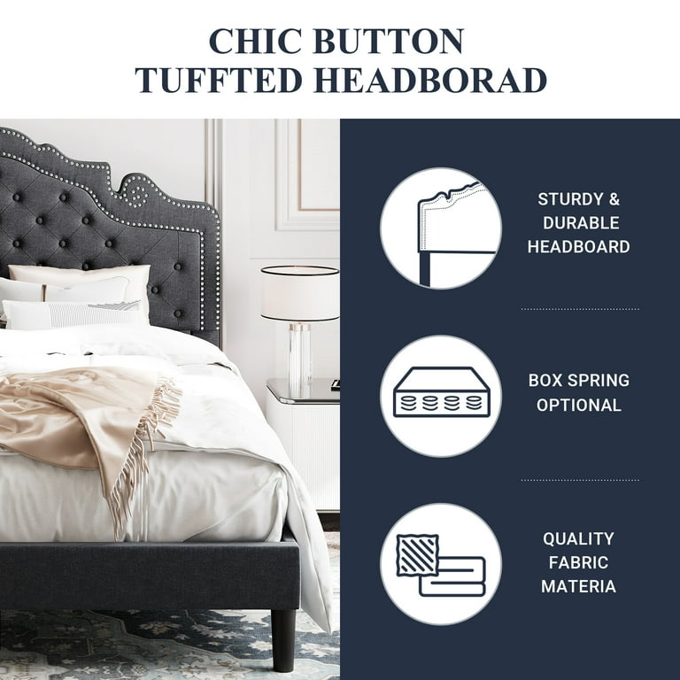 Allewie Queen Size Platform Bed Frame with Tiara Upholstered Diamond Button Tufted Headboard Dark Grey