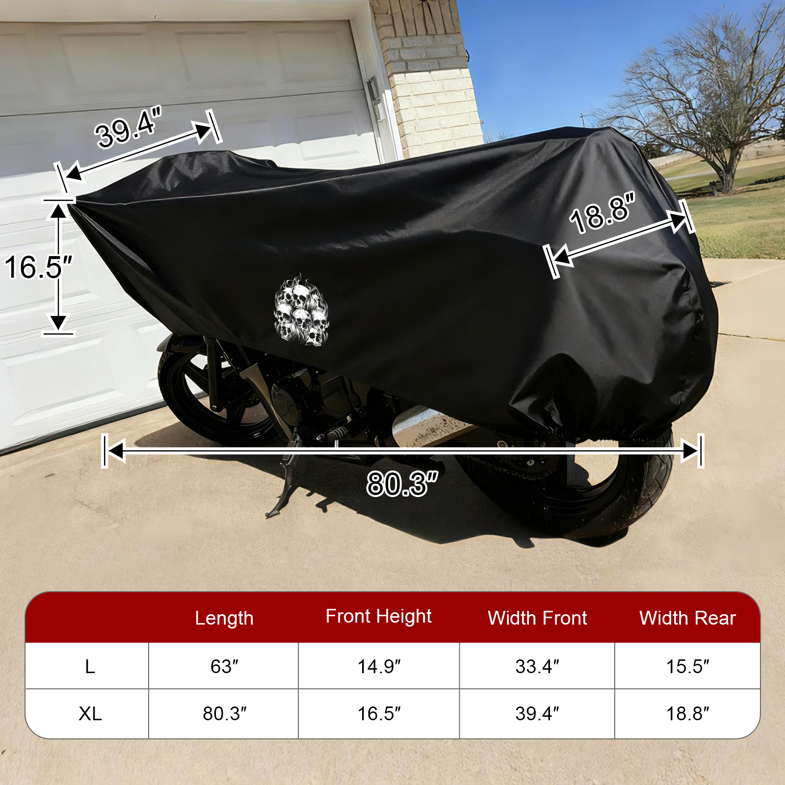 Dream Apparel Motorcycle Half Cover, Waterproof Motorcycle Cover for Outdoor, Rain Snow Dust Protection Universal Fit Heavy Duty Motorbike Vehicle Cover with Storage Bag, Black with Skull XL