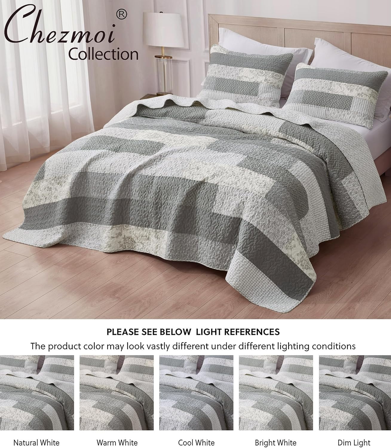 Chezmoi Collection 3-Piece Muted Gray White Ivory Floral Plaid Rectangular Patchwork Cotton Quilt Reversible Lightweight Bedspread Set, Oversized King 120x96