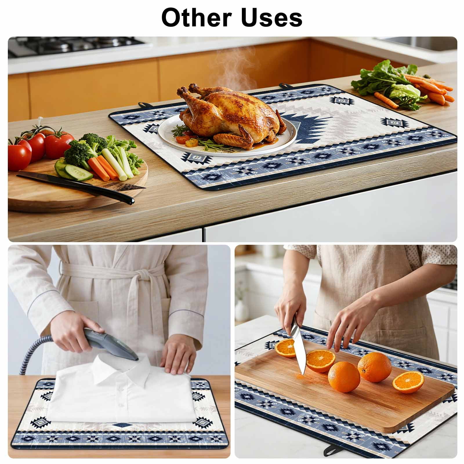 Blue Beige Boho Stove Top Cover for Electric Stove, Heat-proof & Non Slip Glass Top Stove Cover Protector, Vintage Ethnic Tribal Southwestern Kitchen Flat Cooktop Rubber Mat 28.5x20.5 Inches
