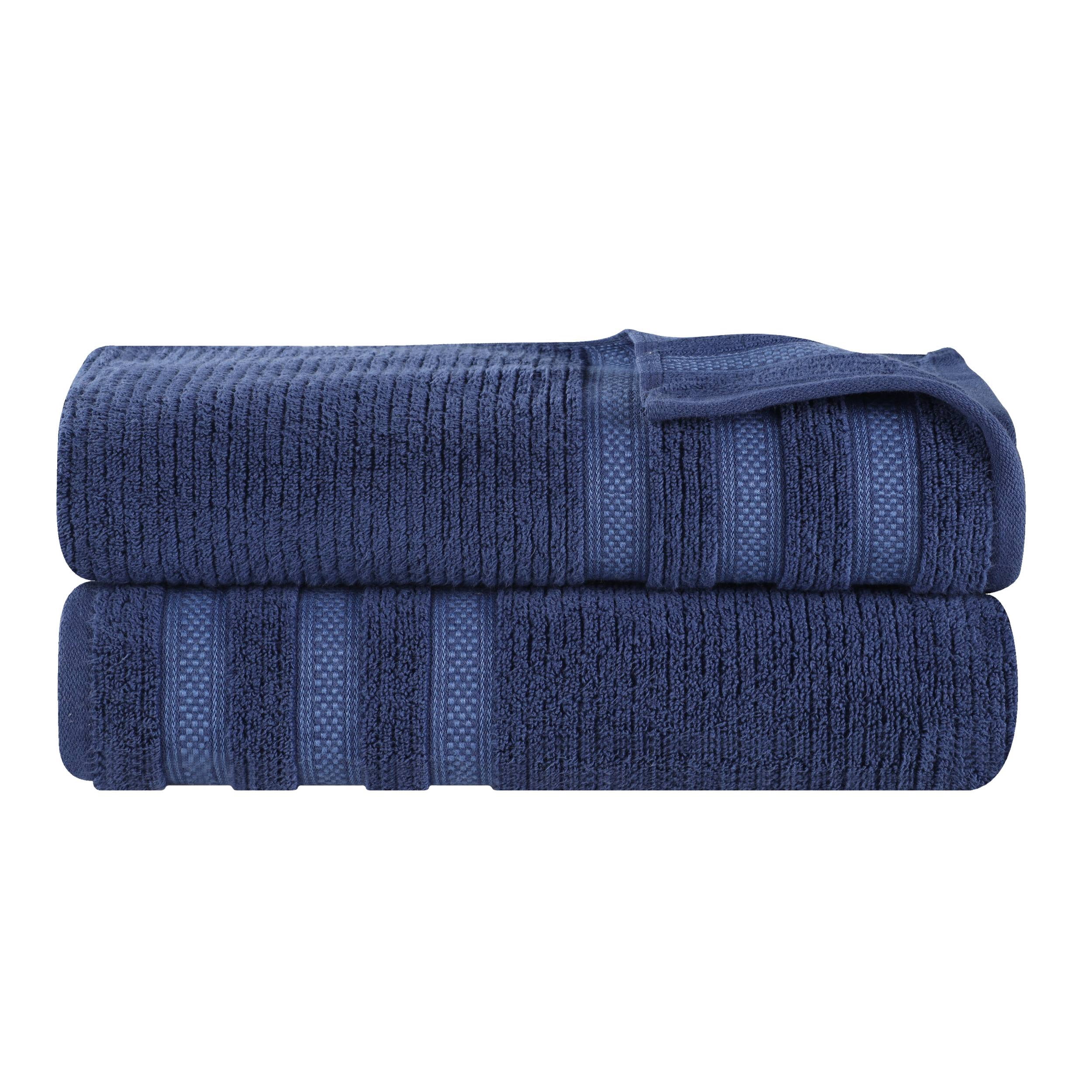 Superior Zero Twist Cotton Ribbed Geometric Bath Sheet Set of 2, Ultra Soft Quick Dry, Navy Blue
