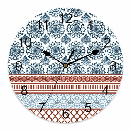 Silent Wall Clocks Battery Operated, Boho Round Decorative Wall Clock for Living Room Bedroom Kitchen Bathroom Classroom Decor, 12 Inch Geometric Stripes Damask Red and Blue