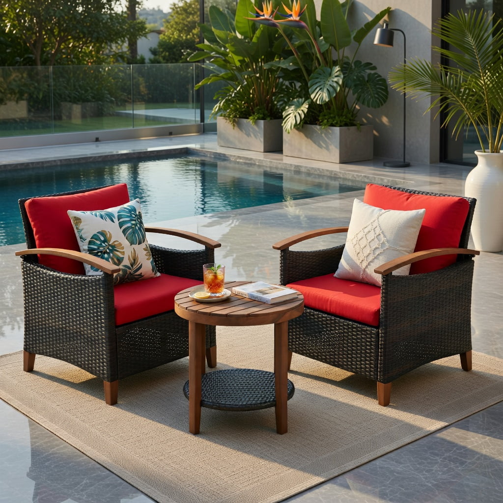 Hommoo 3-Piece Outdoor Rattan Patio Furniture Set with Washable Cushions & Acacia Wood Table, Red