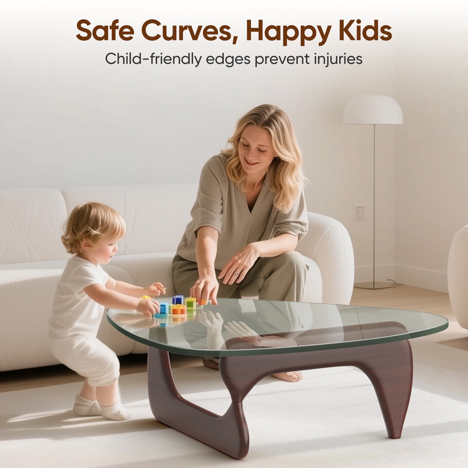 Cottinch 50" Triangle Glass Coffee Table with Wood Base for Living Room Office, Dark Walnut