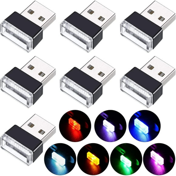 7 Pièces USB LED Voiture Intérieur Atmosphère Lumières, 5V Plug-in Lumières Intérieur Éclairage Ambiant Kit pour Ordinateurs, Prises USB Lumières de Nuit USB Supplémentaires, 7 Couleurs MG