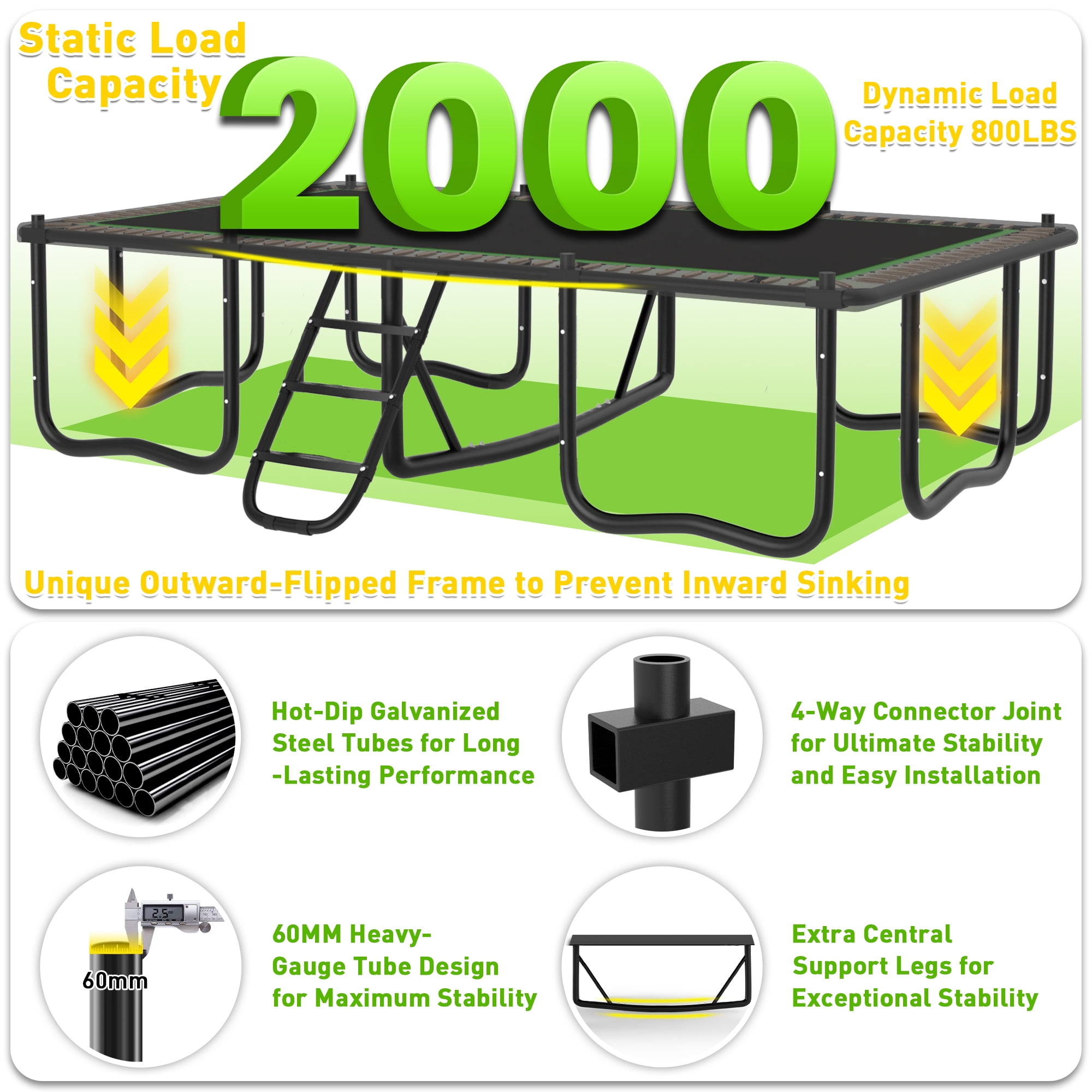 Jump Into Fun Rectangle Trampoline 9x15FT, 2000LBS Weight Capacity Heavy Duty Outdoor Large Gymnastics Trampolines for Kids and Adults with Enclosure Net
