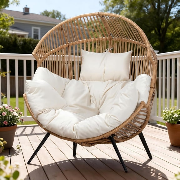 Oversized Outdoor Wicker Egg Chair Patio Lounge Chair Basket Seat With Thick Cushion Heavy Duty Metal Frame All Weather Swivel Rocker For Balcony Living Room Garden