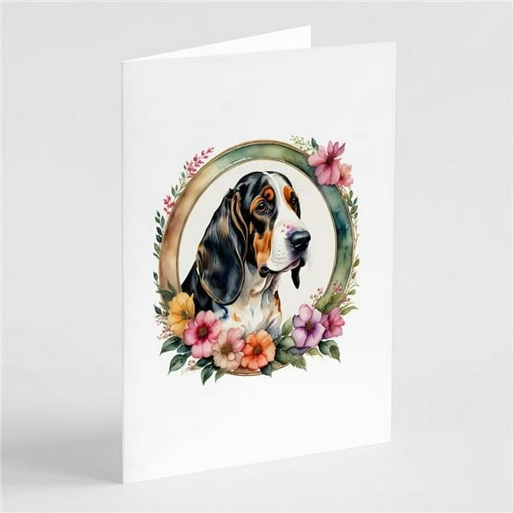 Basset Hound and Flowers Greeting Cards and Envelopes Pack of 8 7 in x 5 in