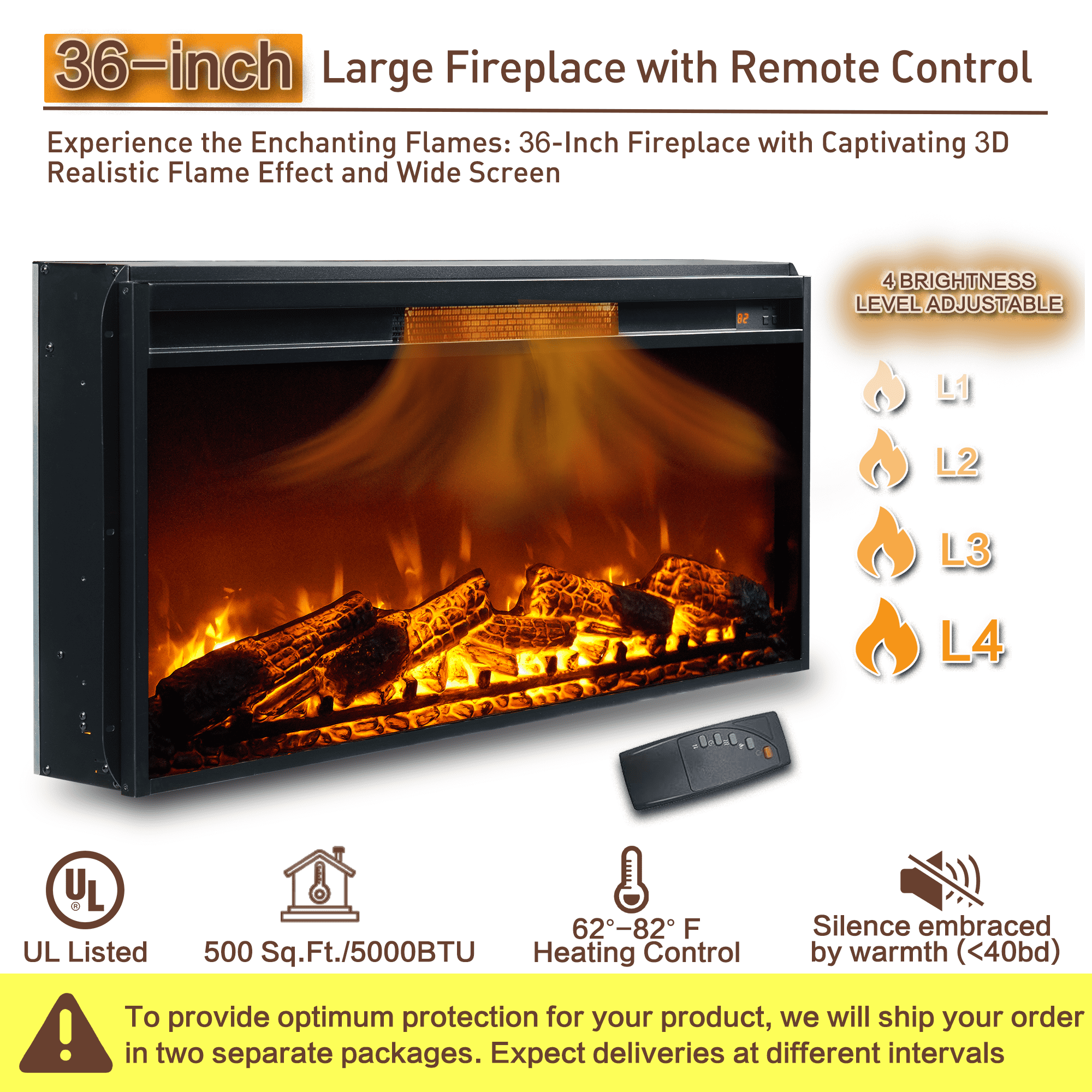 SinCiDo Fireplace TV Stand for TVs up to 80 Inches, Farmhouse Entertainment Center w/36 Electric Fireplace & 4 Faux Double Drawers, Large Media Console Cabinet for Living Room, 70 Inch, Brown